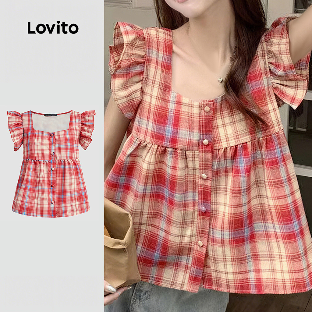 Lovito Blusa Casual Vermelha Com Botões E Babados Ideal Para a Primavera/verão Para Mulheres L151AD303