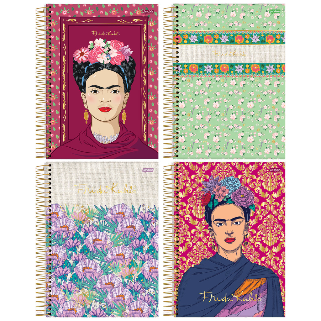 Caderno 175x242mm Capa Dura 10 Matérias 160 Folhas Frida Kahlo Jandaia - 5 Unidades Sortidas