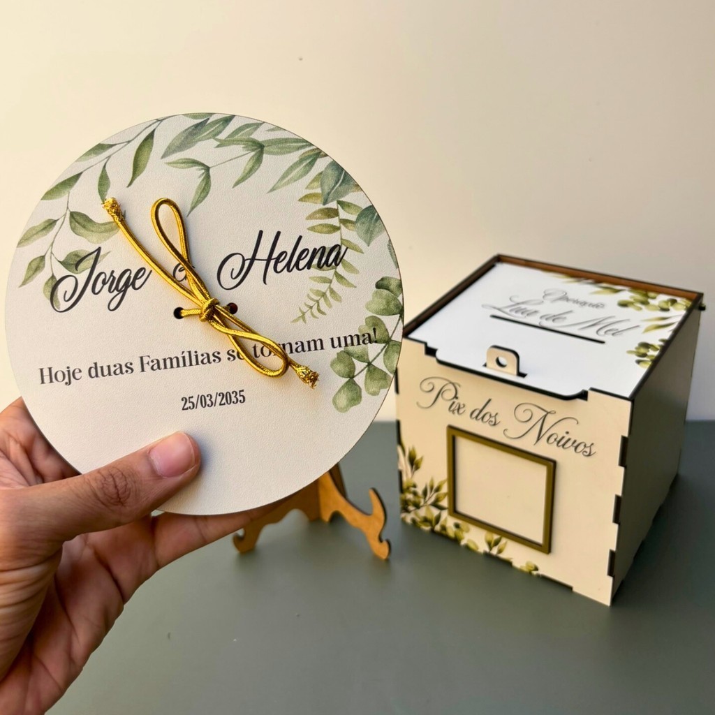 Porta Aliança Personalizado Verde Oliva + Caixa PIX Kit Casamento Aliança