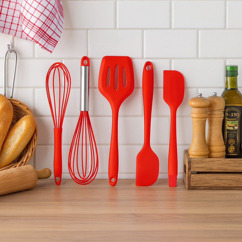 Kit Utensilios Cozinha Silicone 5 Pecas Colher Espatula Fouet Pincel Pegador Antiaderente Sem BPA