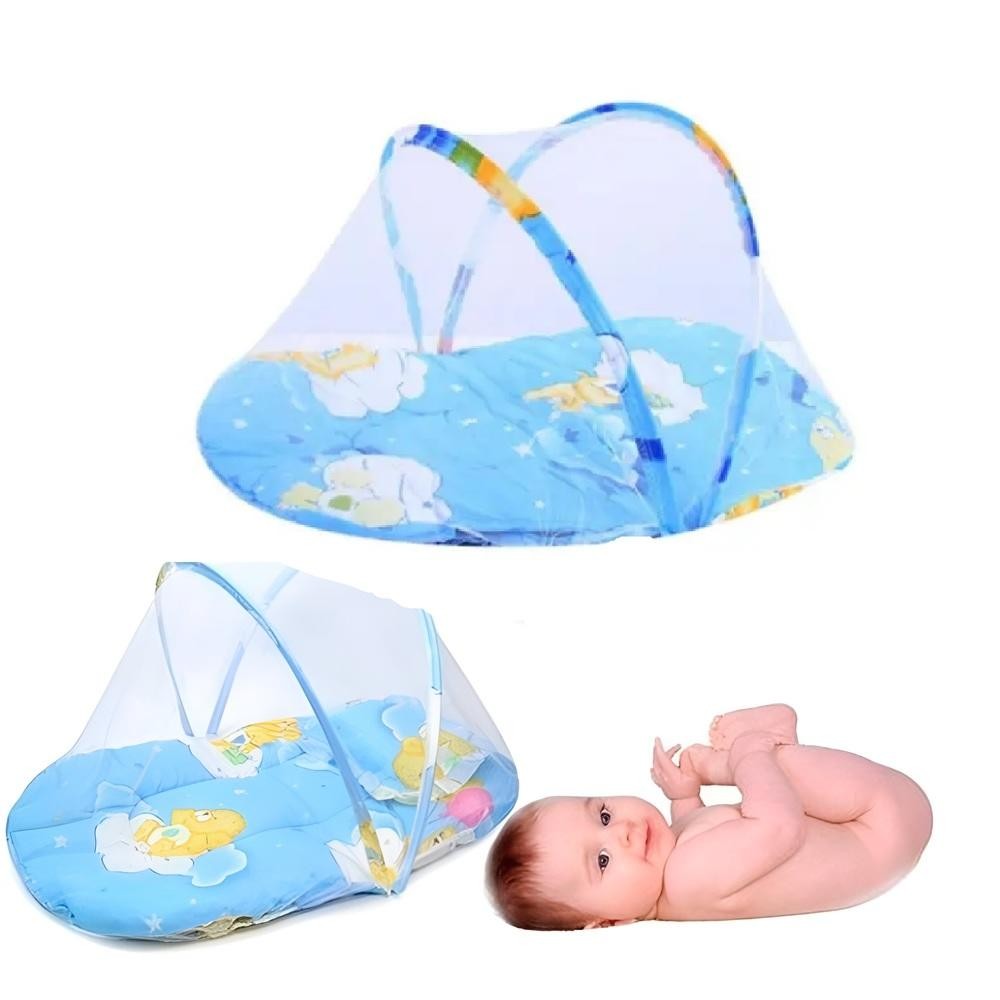 BERCO MOSQUITEIRO PORTATIL CAMA BEBE DOBRAVEL COM COLCHONETE ALMOFADA TRAVESSEIRO CERCADINHO AZUL
