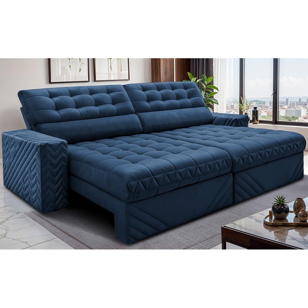 Sofá Retrátil e Reclinável 2,70m Molas Ensacadas Max Spring Velusoft Azul Cama inBox