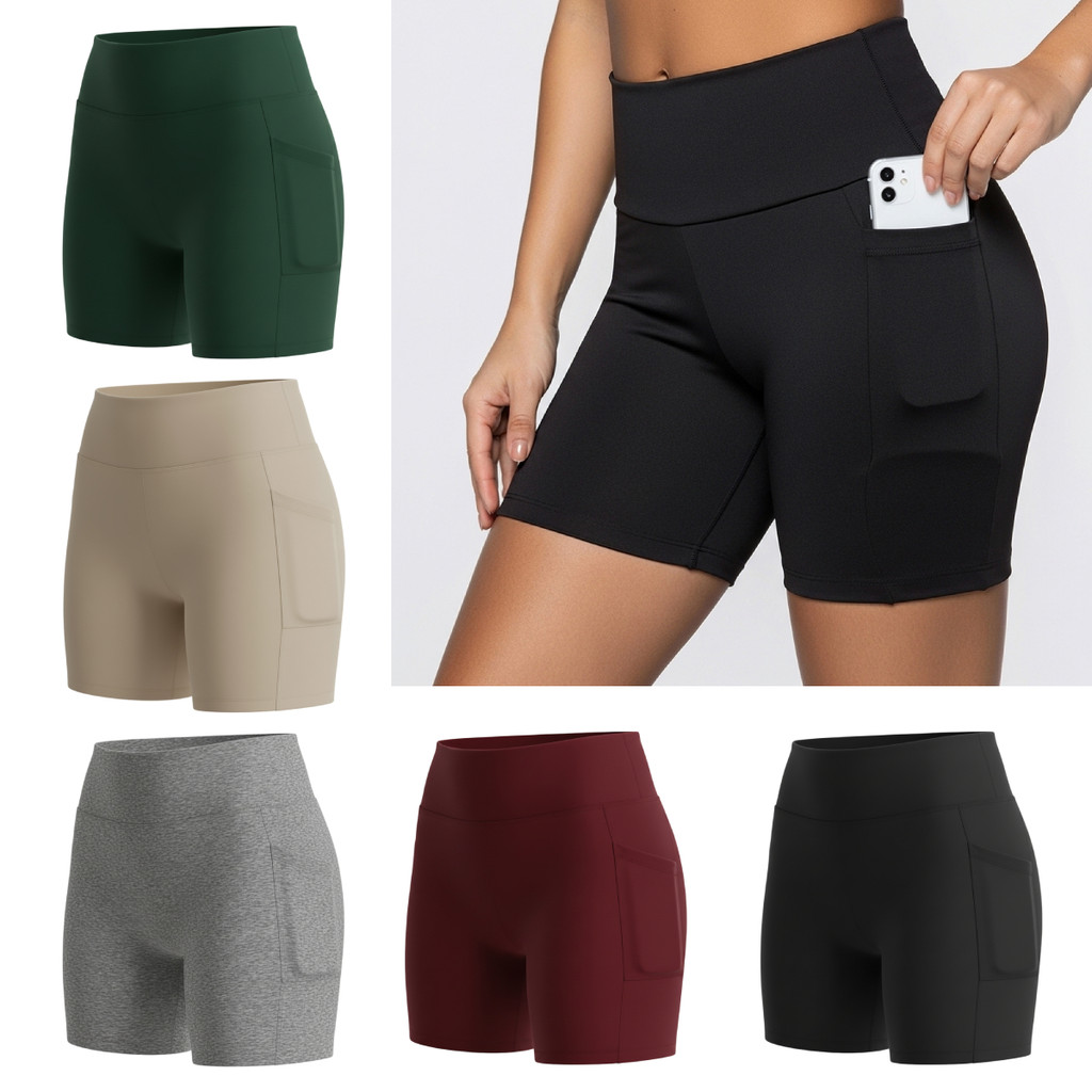 Kit 3 Shorts Academia Esportiva Feminina Fitness Cintura Alta com 2 Bolsos Laterais para Celular em Oferta na Shopee