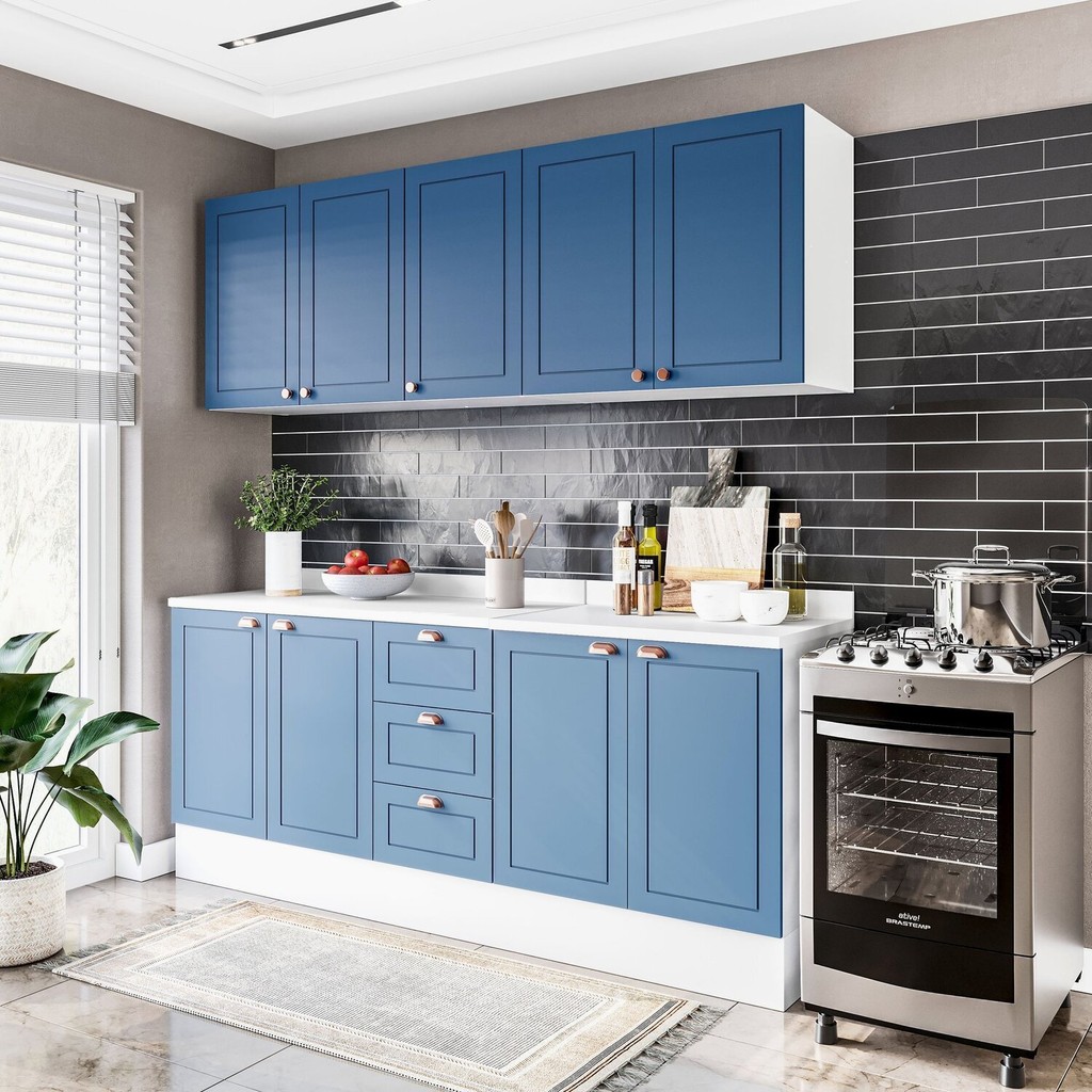 Cozinha Pérola com Rodapé e Tampo Aéreos com 5 Portas, Balcão 2 Gavetas 3 Portas e Balcão 2 Portas Y Branco/Azul em Oferta na Shopee