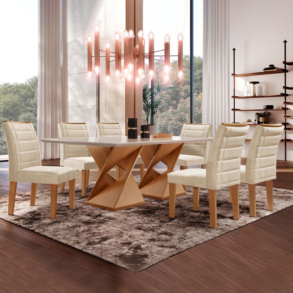 Conjunto Sala de Jantar Genova Tampo Vidro/mdf com 6 Cadeiras Genova Smart Plus Cinamomo/Off White/Bege