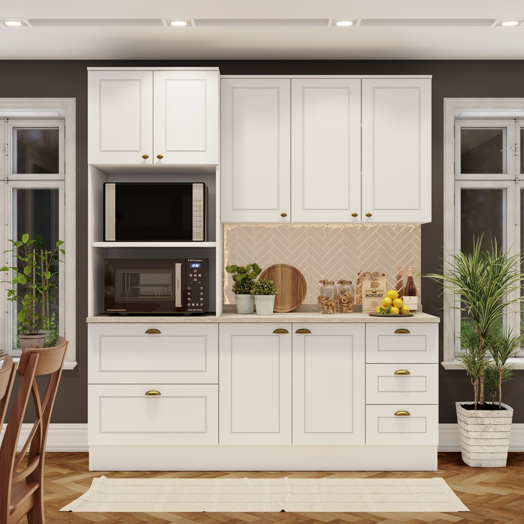 Cozinha Compacta 3 Peças com Torre Quente Emily Espresso Móveis Branco HP/Calcare