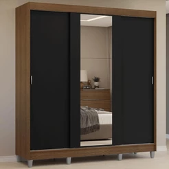 Guarda-Roupa Casal com Pés 3 Portas de Correr com Espelho Rustic/Preto Reno Madesa