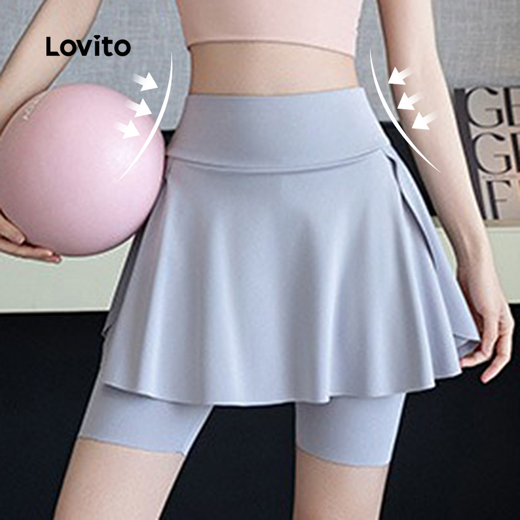 Detalhes do Lovito Shorts Esportivos 2 em 1 controle de barriga Corrida Yoga Pickleball Tênis Ciclismo Mulheres LNA109077