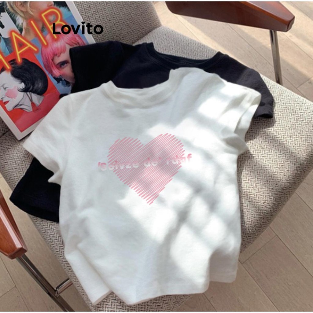 Detalhes do Lovito Camiseta Feminina Casual com Estampa de Coração Básica LNE48014