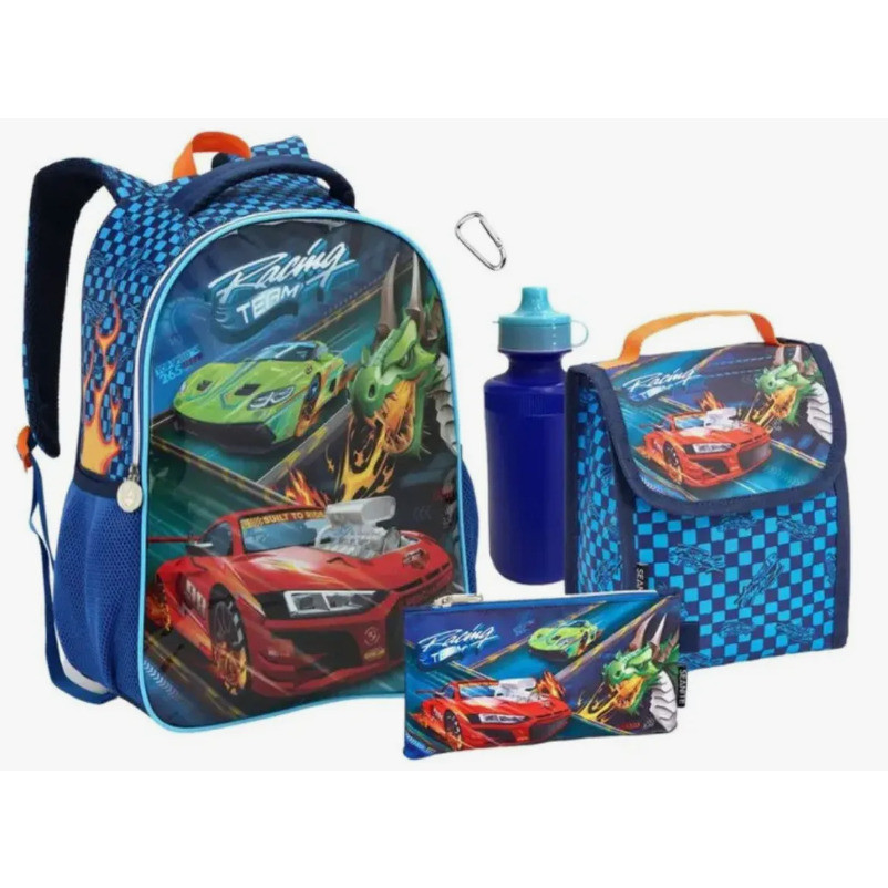 Kit Mochila Costa Lancheira Estojo Garrafa Hot Wheels Carros