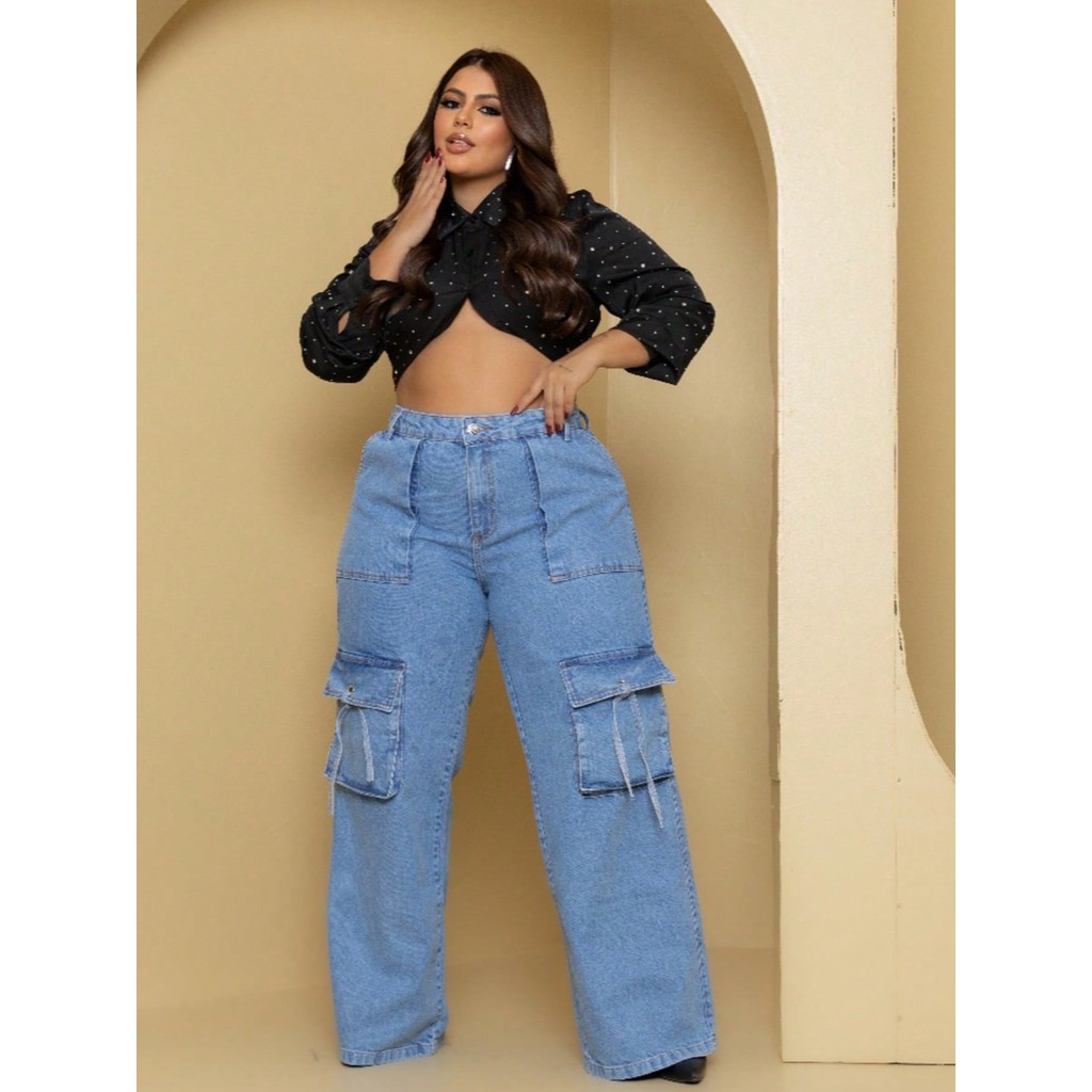 Calça Wide Leg bolso sobreposto Cargo  Plus size Pantalona
