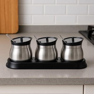 Conjunto 3 Unidades Conserva Colher Vidro Pote Condimentos Vasilha Suporte Recipiente Tempero Inox