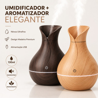 Umidificador Design de Vaso Aromatizador Silencioso textura de Madeira Recarregável com L…