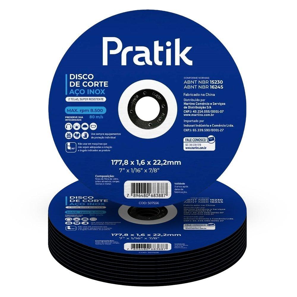 Disco Corte Pratik 7P 178 x 1,6 x 22,2 Aço/Inox Embalagem com 10 Unidades