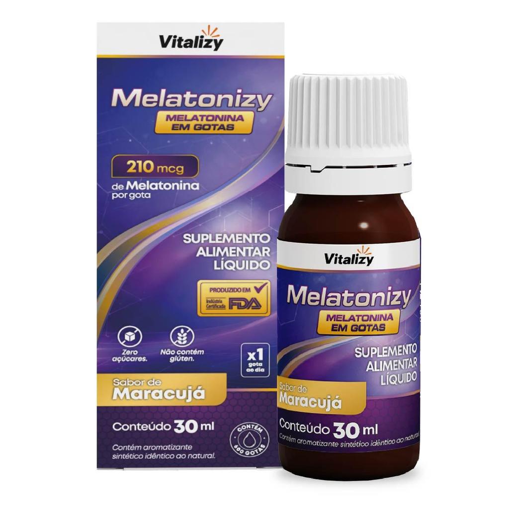 Melatonina em Gotas 30ml Sabor Maracujá 210mcg por Gota 600 Gotas Rápida Absorção Zero Açúcar Uso Diário Vitalizy