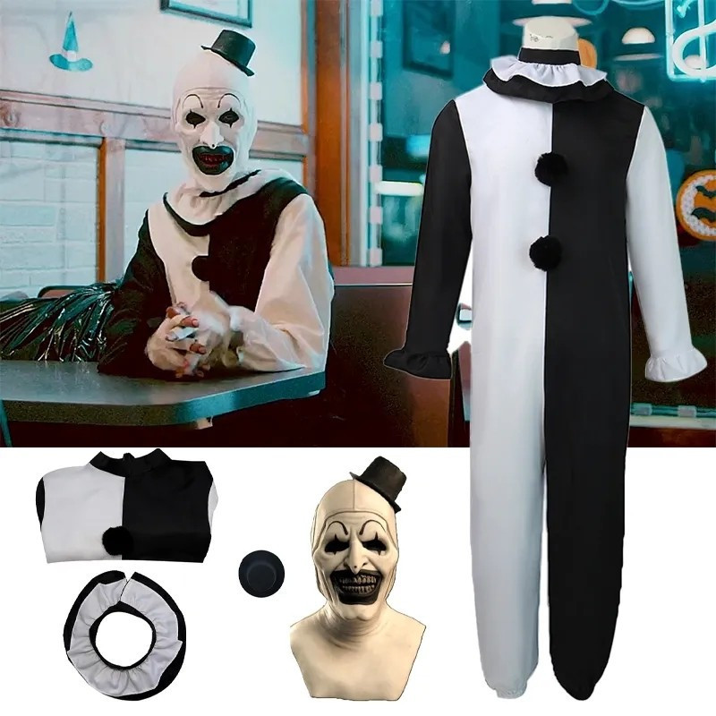 ⌖   Fantasia de Cosplay para Adultos e Crianças Terrifier 2 Art The Clown, Macacão, Chapéu, Máscara, Roupas de Halloween