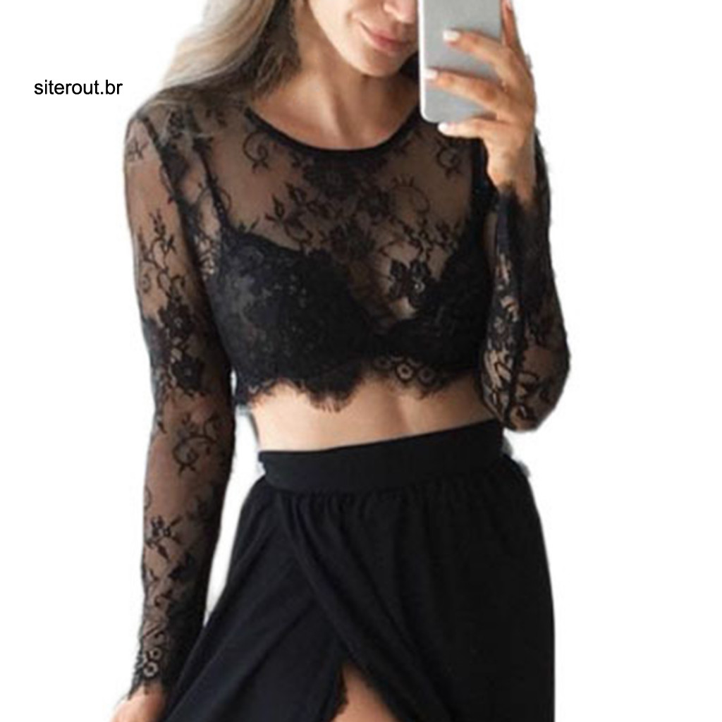 st O-Neck Manga Comprida Bordado Padrão Crop Top Feminino Transparente Blusa De Renda Floral