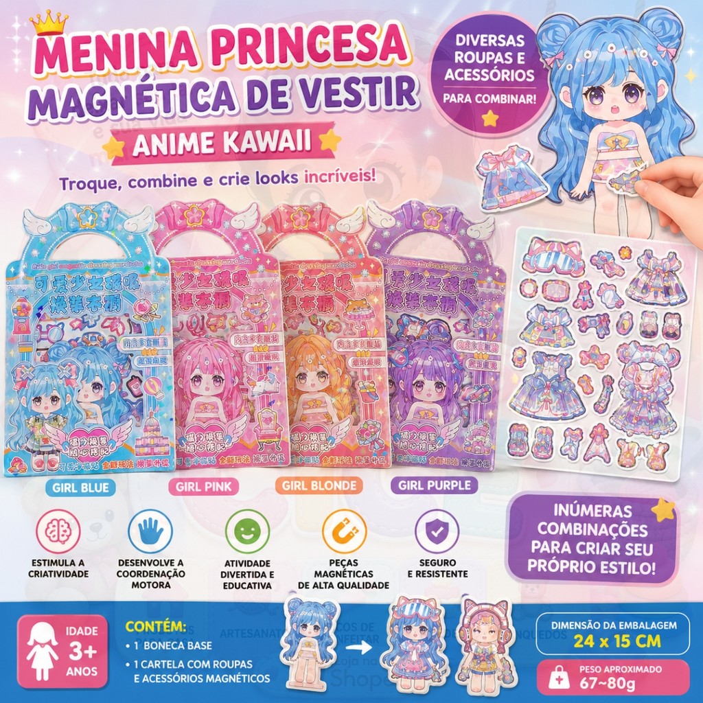 Menina Princesa Magnética de Vestir Anime Kawaii Boneca Troca de Roupas Educativa Infantil 3+ Anos