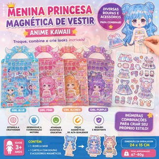 Menina Princesa Magnética de Vestir Anime Kawaii Boneca Troca de Roupas Educativa Infantil 3+ Anos
