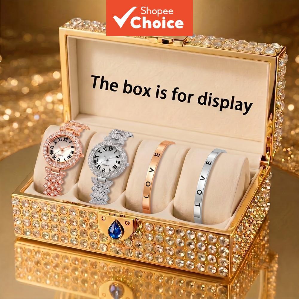 Conjunto de Relógio de Quartzo Feminino com Strass 2 peças Pulseira de Aço com Diamante Completo + 2 peças Pulseira com