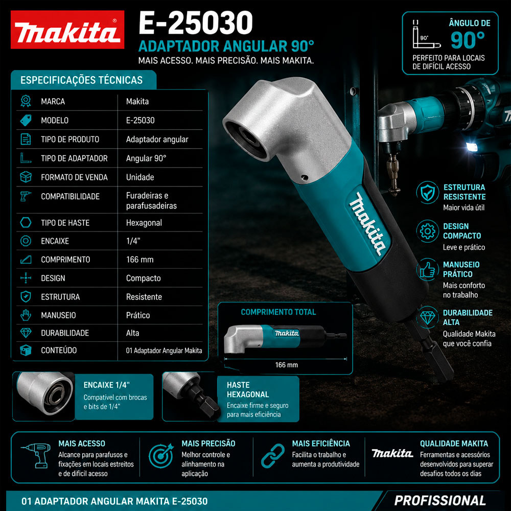 Adaptador Angular Para Parafuradeira Profissional Makita E 25030 90° 166mm Hexagonal · foto 2