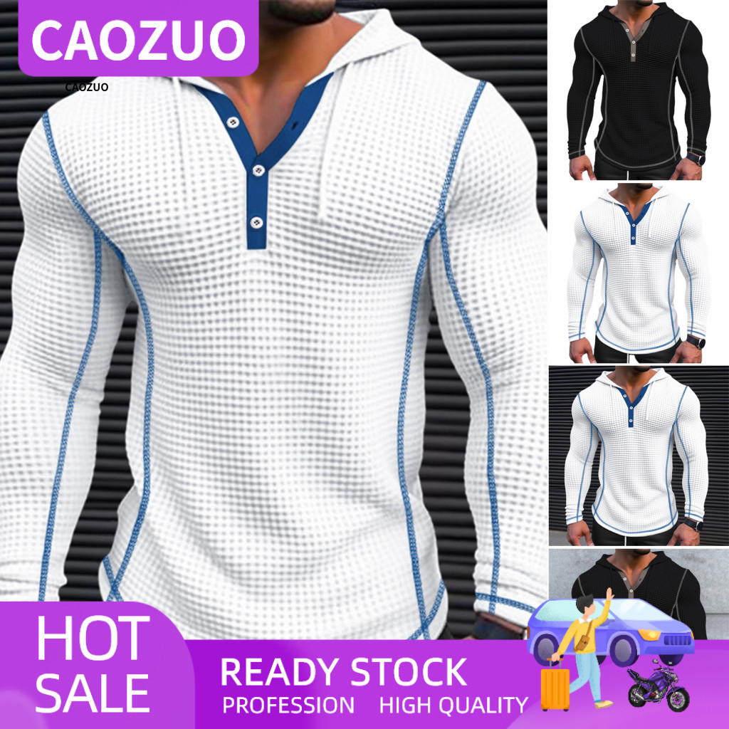 Slim Fit Men Sweatshirt Solid Color Long Sleeve Top Men's Cotton Waffle Hoodie Breathable Pullover with Button Closure S