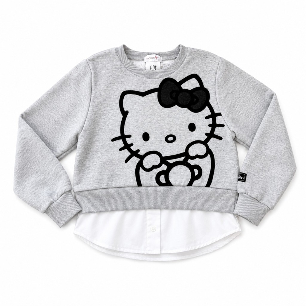 Casaco Moletom Hello Kitty Momi Infantil Feminino Com Sobreposição Camisa Social Inverno