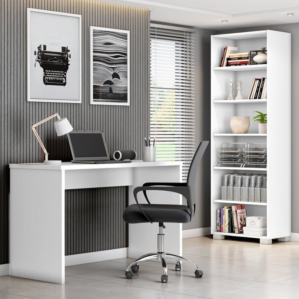 Conjunto 3 Peças com Cadeira para Escritório, Estante Livreiro e Escrivaninha Gávea Espresso Móveis Branco Preto