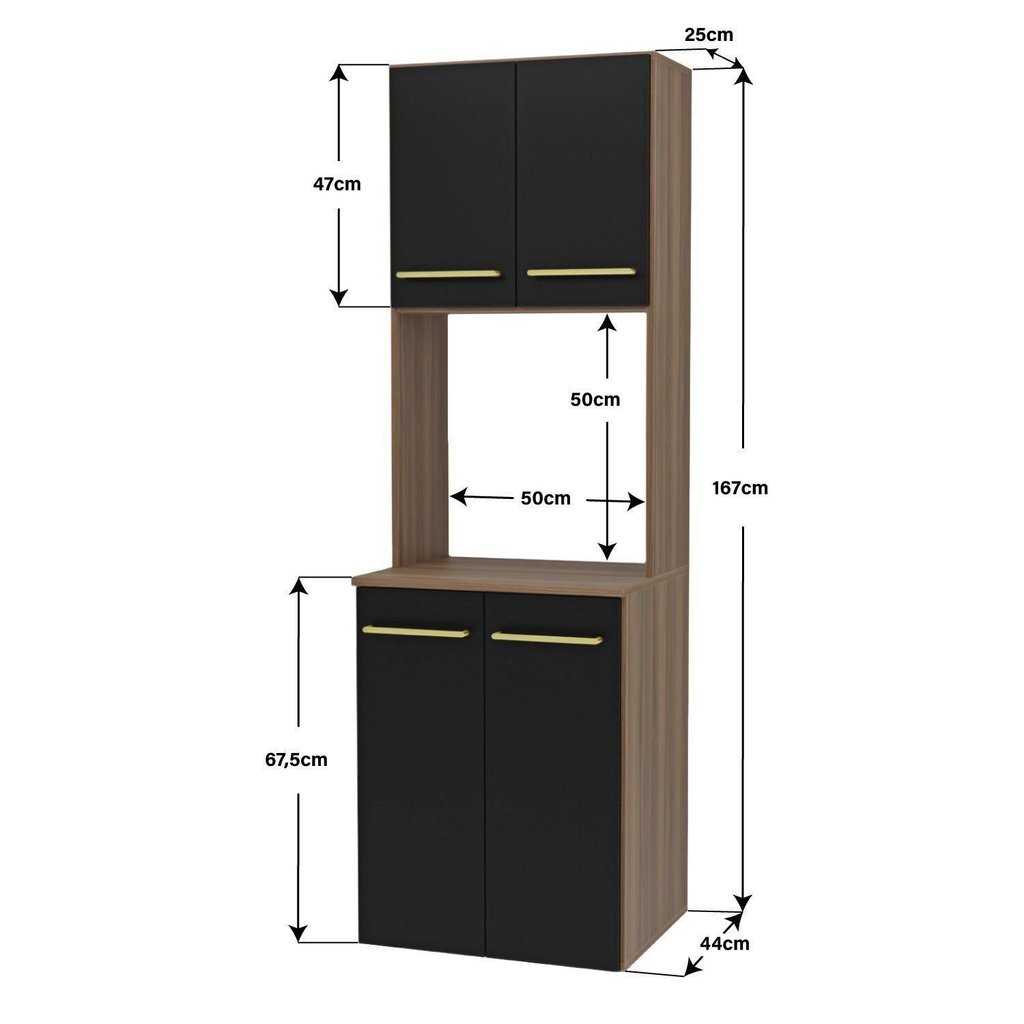 Torre Quente Suspensa para Forno e Micro-Ondas em MDP 1,5cm Cozinha Moderna Aura Marrom/Nogal/Preto