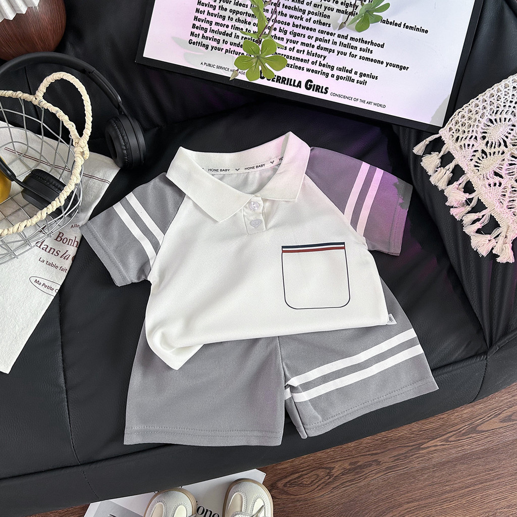 Pronto estoque 80-130CM meninos terno de manga curta pequeno médio crianças estilo fino camisa POLO listrado camiseta ca