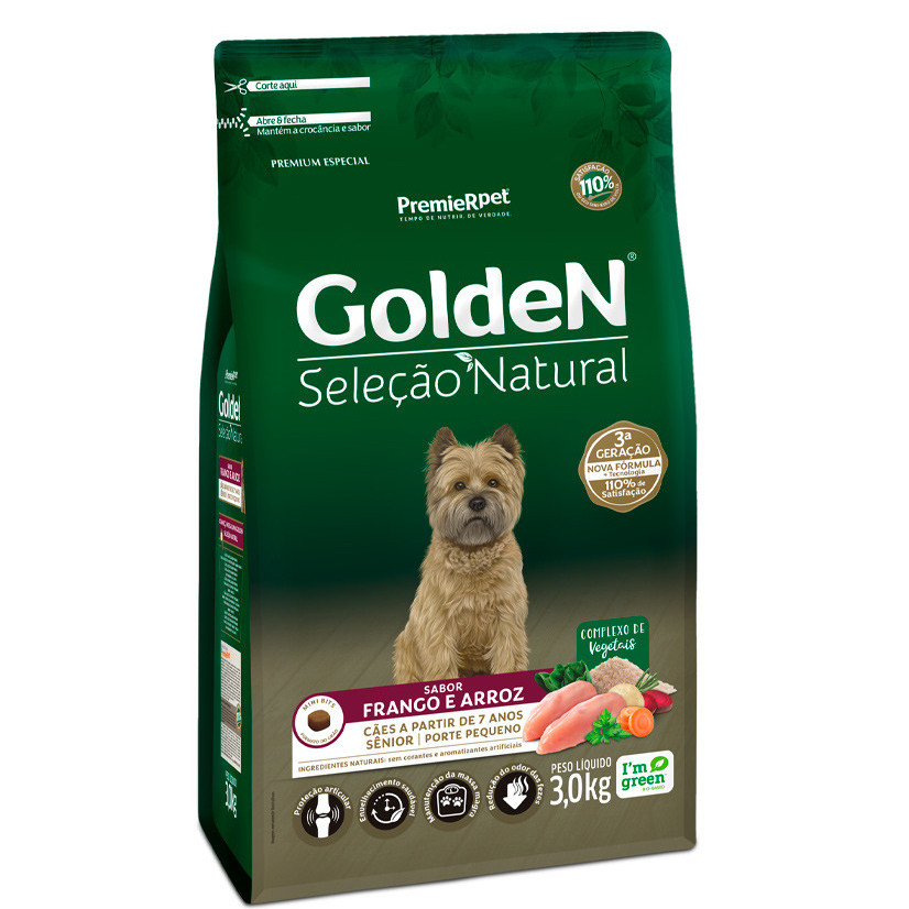 Ração 3Kg Golden Seleção Natural Cães Sênior Raças Pequenas Mini Bites Frango e Arroz