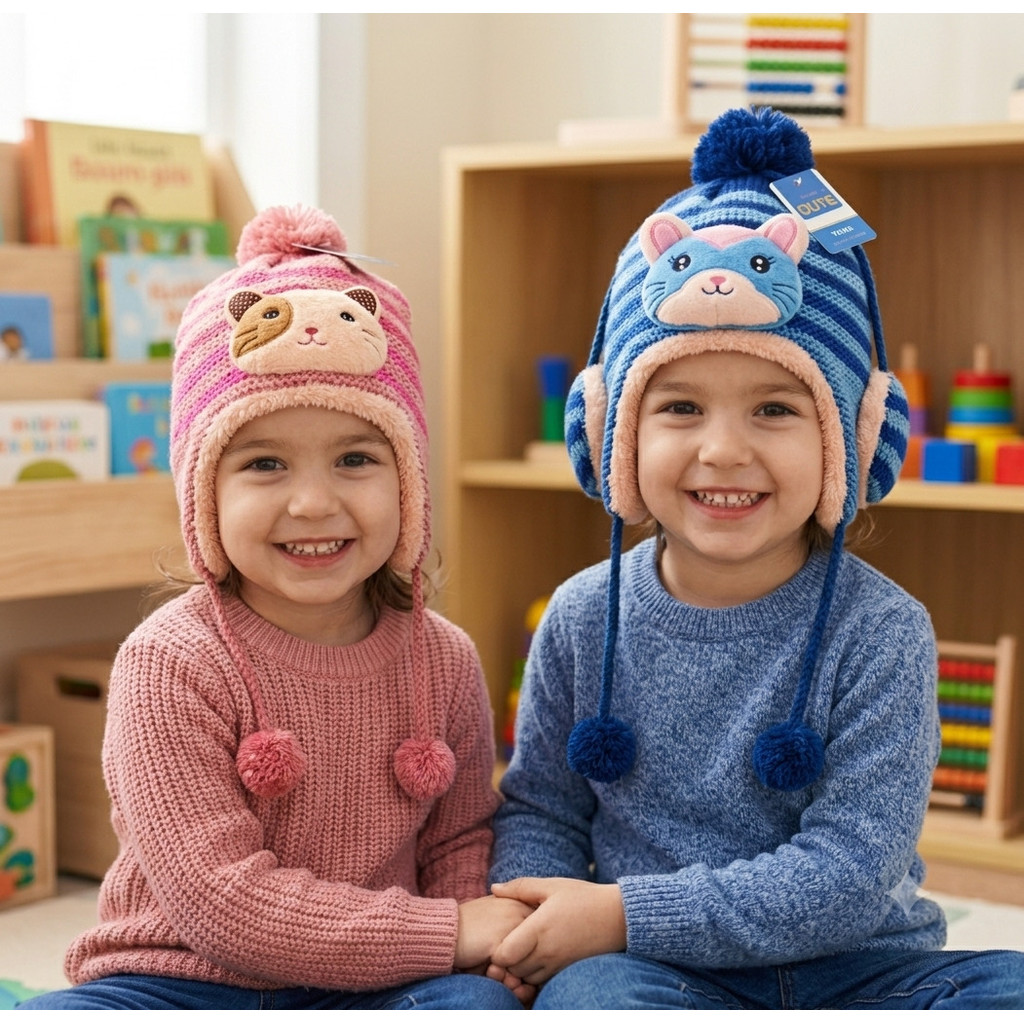 Touca Infantil Lã De Bichinho com Pompom e Protetor Frio