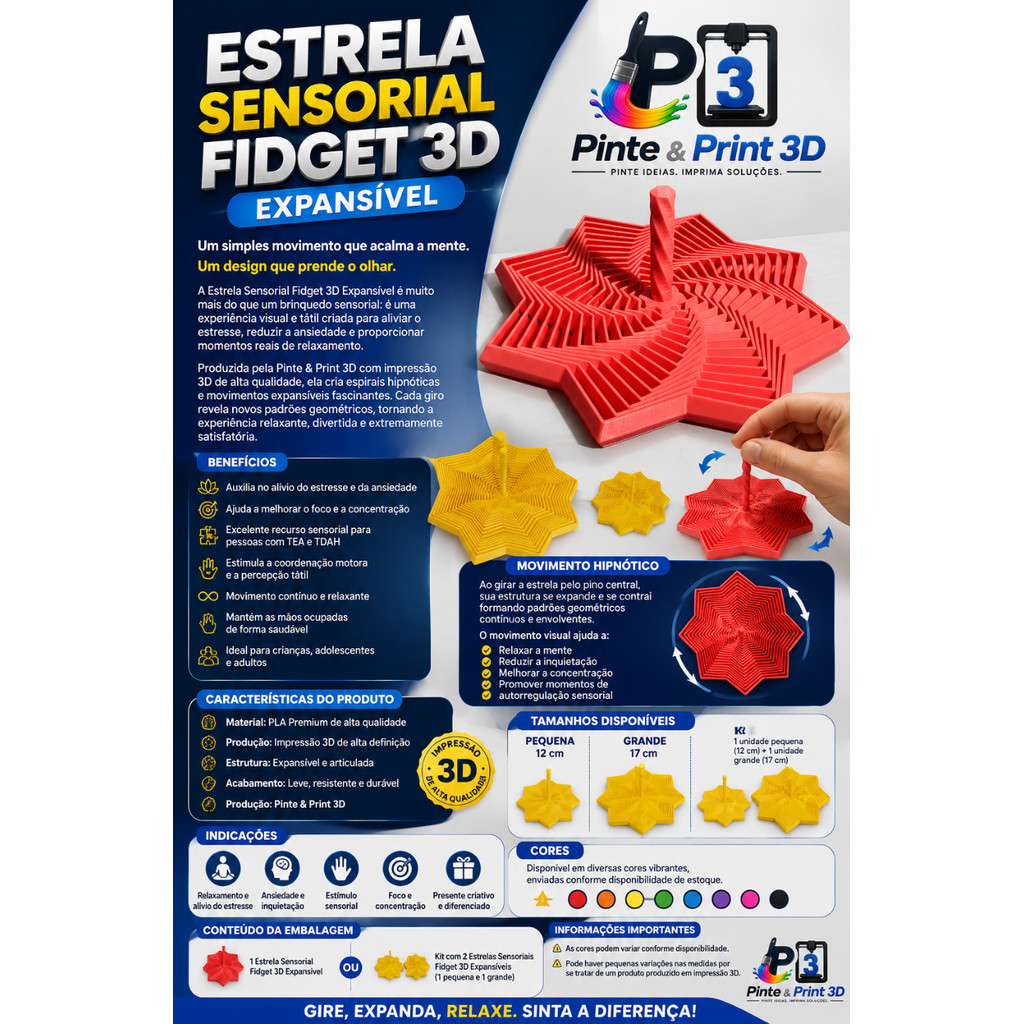 Estrela Sensorial 3D Giratória | Brinquedo Sensorial Antiestresse para TEA, TDAH e Ansiedade | Fidget Terapêutico