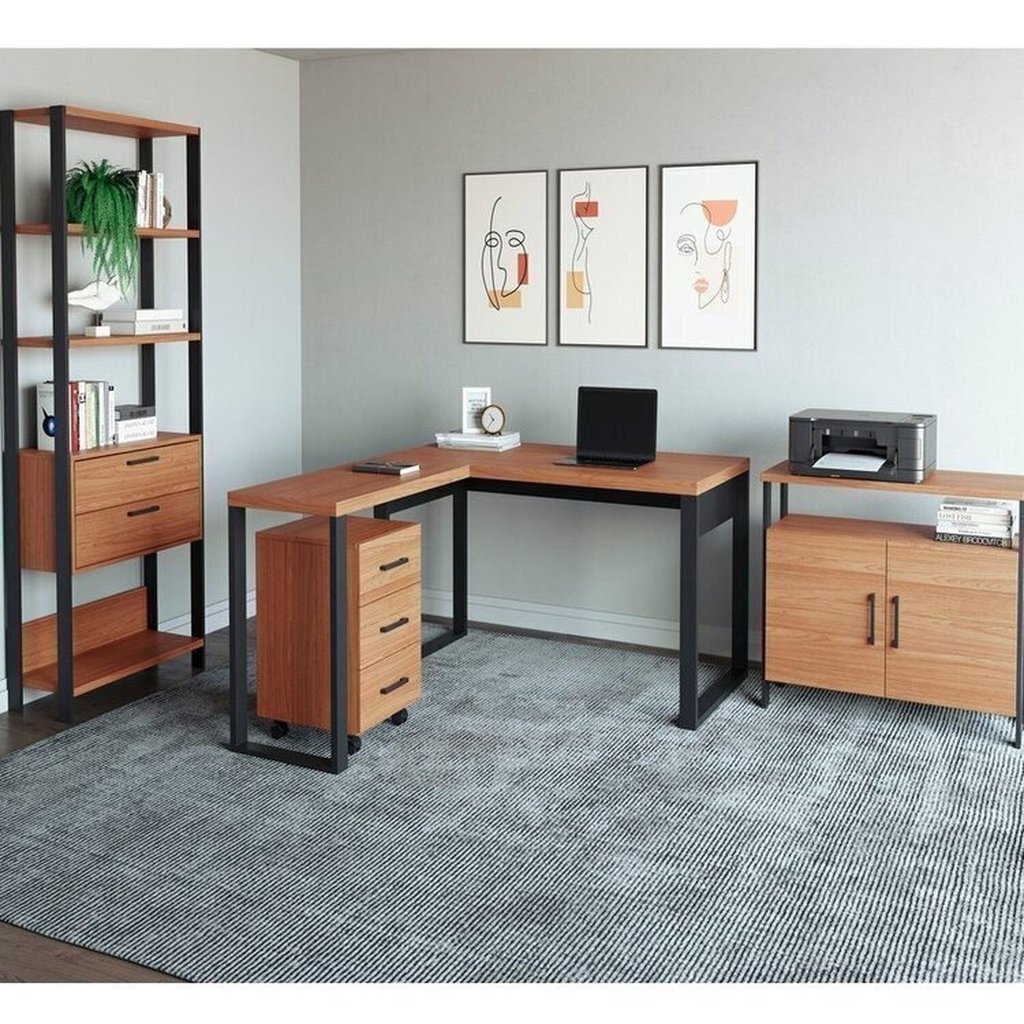 Conjunto Escritório Escrivaninha em L, Estante, Gaveteiro, Armário 100% MDF Freijó/Preto Fosco Pradel Marrom