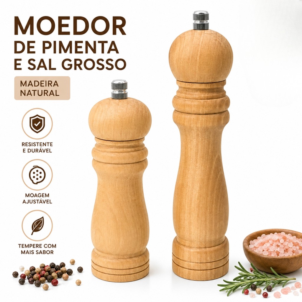 Moedor de Pimenta Sal Grosso Madeira Manual 3 Tamanhos Kit Triturador Cerâmica Cozinha Gourmet - Pequeno, Médio, Grande