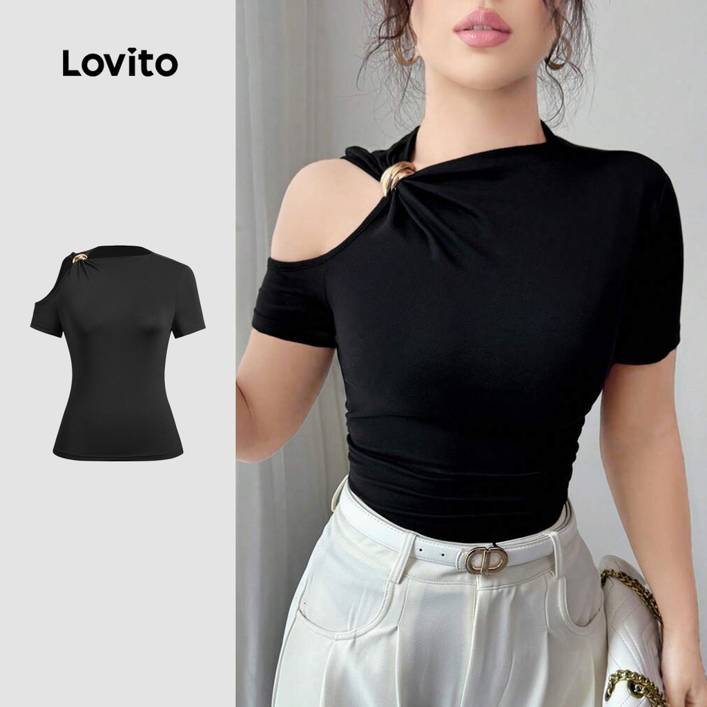 Camiseta decorativa de manga curta oca assimétrica com botão de Metal-TSB150PAD1022 em Oferta na Shopee