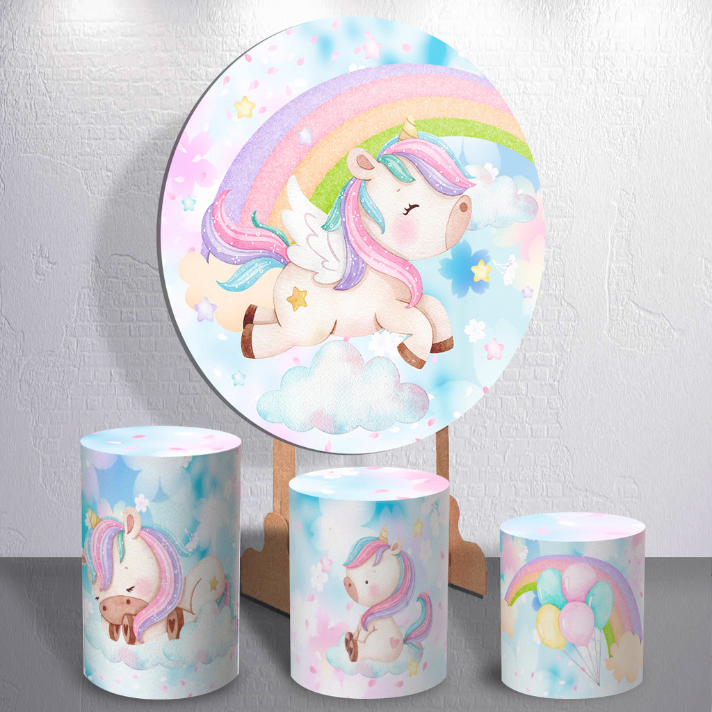 Painel Festa Redondo Com Capas Trio de Cilindro Decoração Infantil Tema Menina Unicórnio Mágico