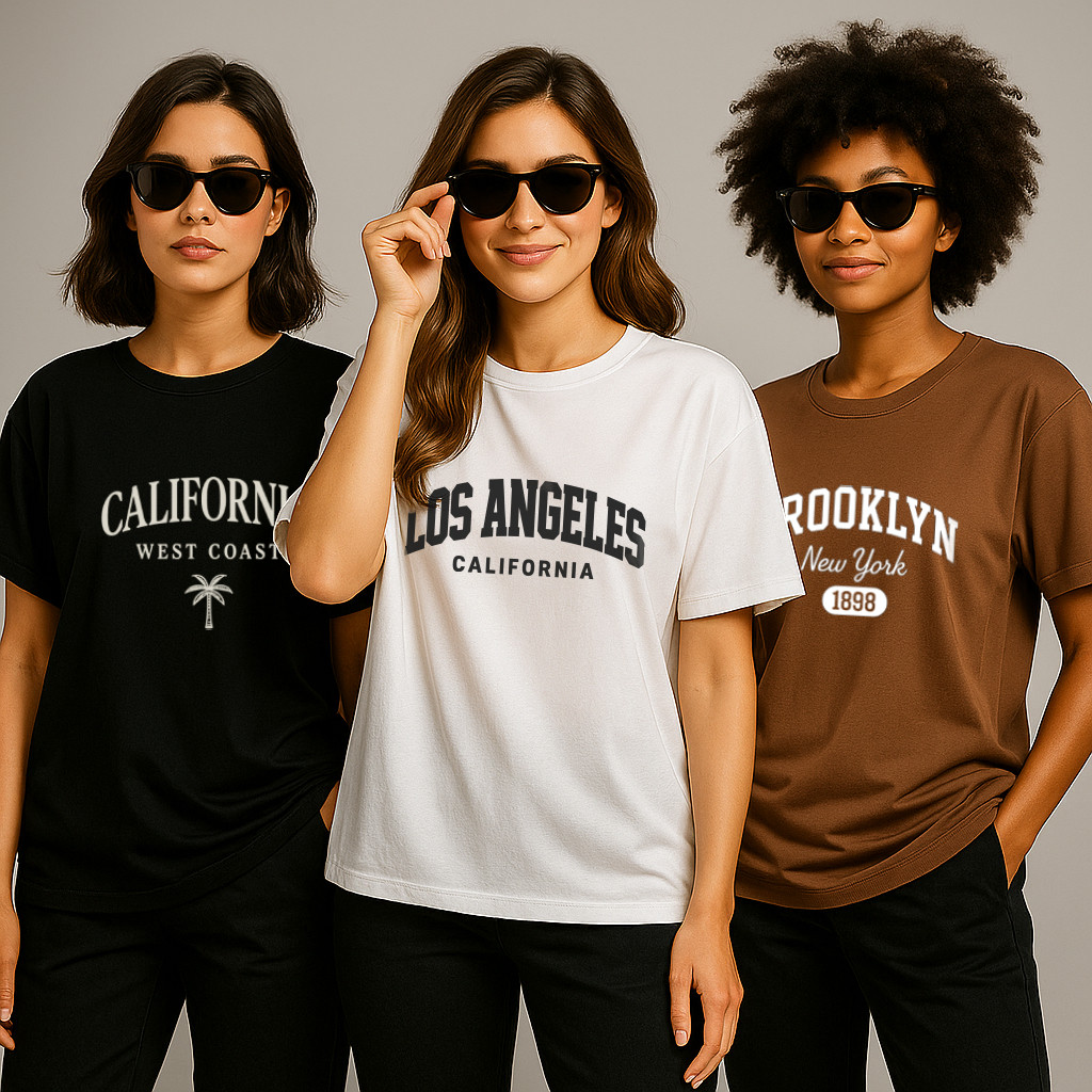 Kit 3 Camisetas Femininas Casual Moda Feminina T-shirt Blusa Estampada 100% Algodão California