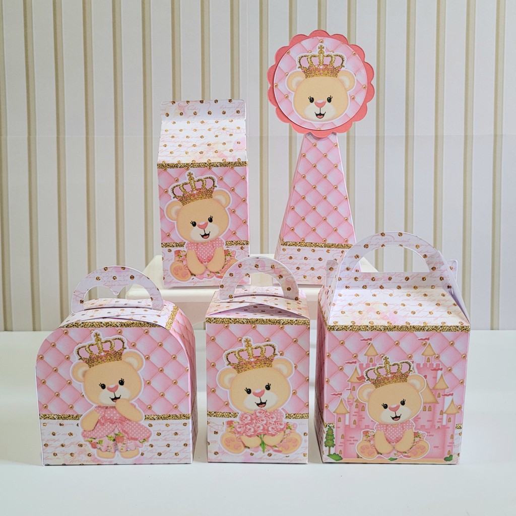 Kit Festa Ursinha Princesa Realeza Chá de Bebê Desmontada Pronta Entrega Caixinha Lembrancinha Não Personalizados 1 ano