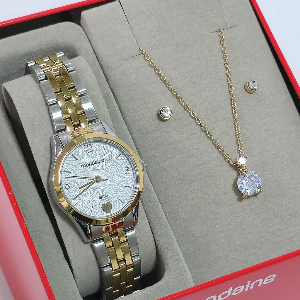 Relógio Mondaine Detalhe de Coração Kit Com Colar e Brinco 32795LPMKBE3K1 em Oferta na Shopee