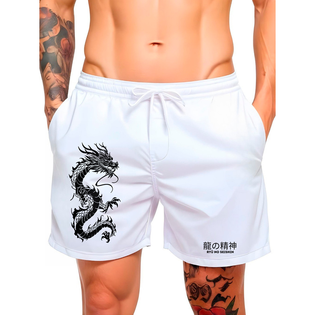 Short Masculino Mauricinho Dragão Espirito Japones Tactel com Elastano Corrida Academia Treino Praia