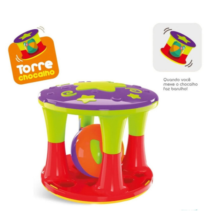 Torre Chocalho Com Bolinha Colorida Brinquedo P/Bebe Infantil Educativa Pedagógica didática JP Brink