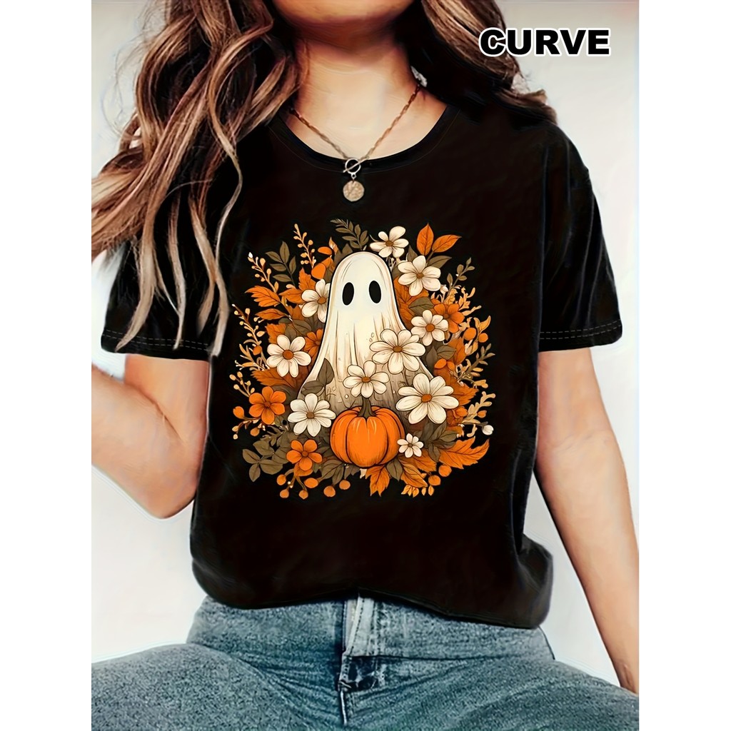 Bonito Camiseta De Algodão Feminina, Estilo Casual E Fashion, Com Estampa De Fantasma Florido De Halloween