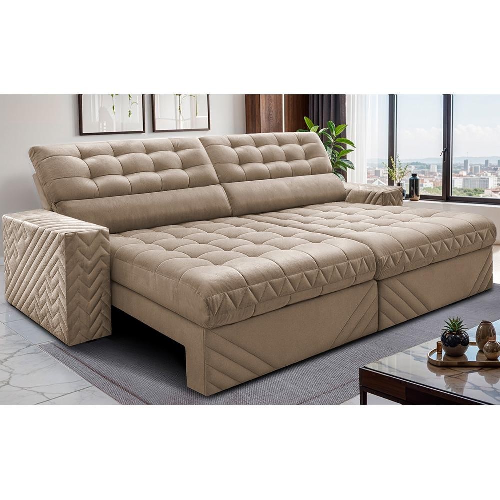 Sofá Retrátil e Reclinável 2,50m Molas Ensacadas Max Spring Velusoft Bege Cama inBox