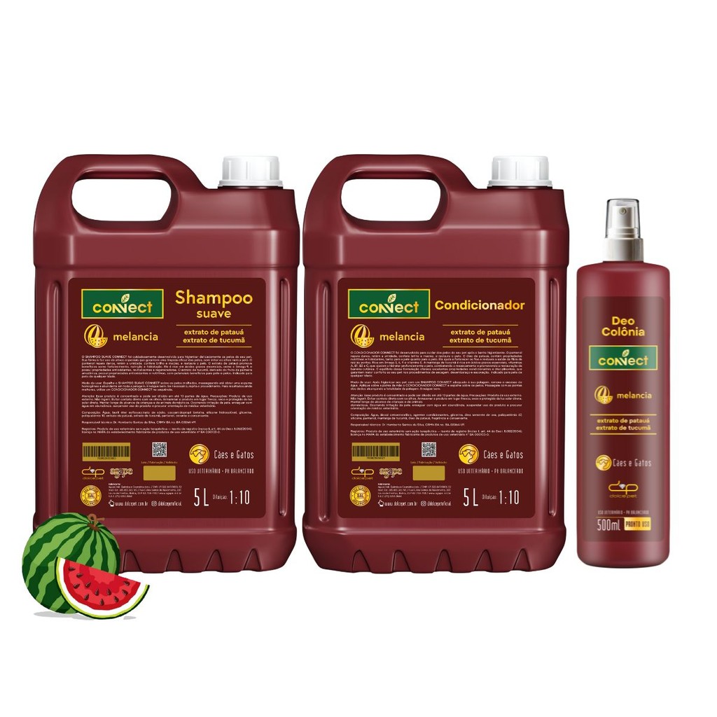Kit Shampoo Suave Condicionador Perfume Connect Dolce Pet Cães Melancia 5L 1:10