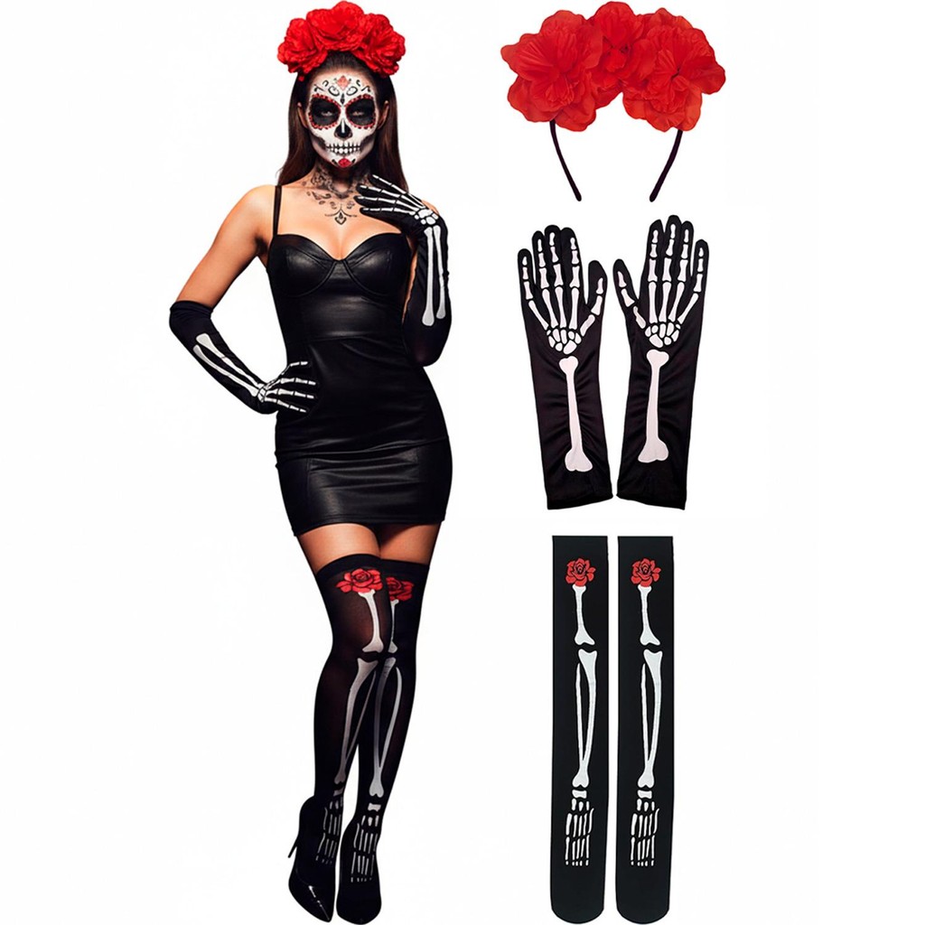 Kit Fantasia Caveira Mexicana Adulta Fantasia Halloween Feminina Barata Tiara Flores Luva e Meia de Esqueleto