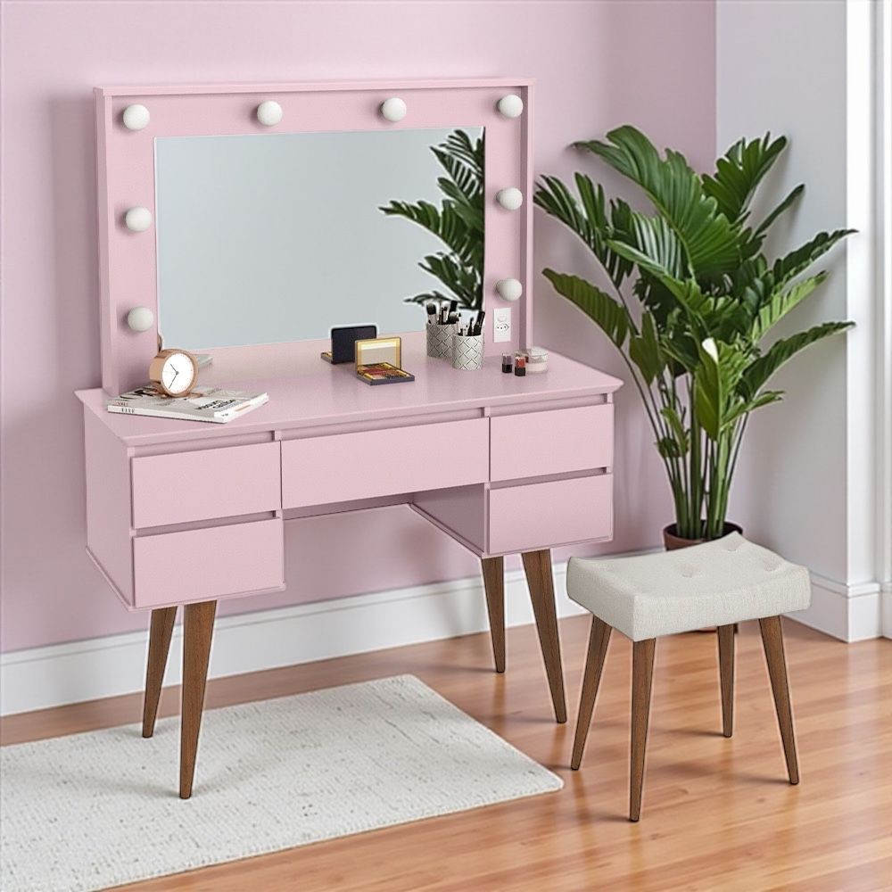 Penteadeira Camarim Strass Retro Com Banqueta 5 Gavetas -Espelho -Tomada- Rosa -Patrimar