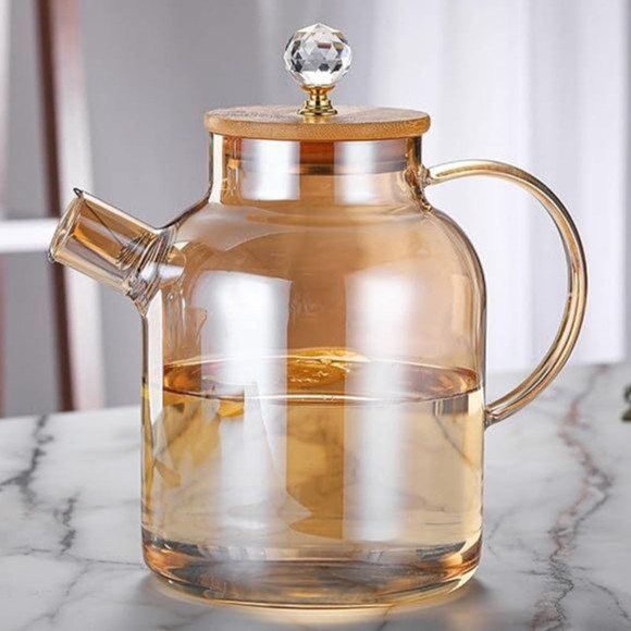 Chaleira de Vidro liso ambar  com Tampa Bambu  cristal Premium Borossilicato 1,8L Bule chá café em Oferta na Shopee