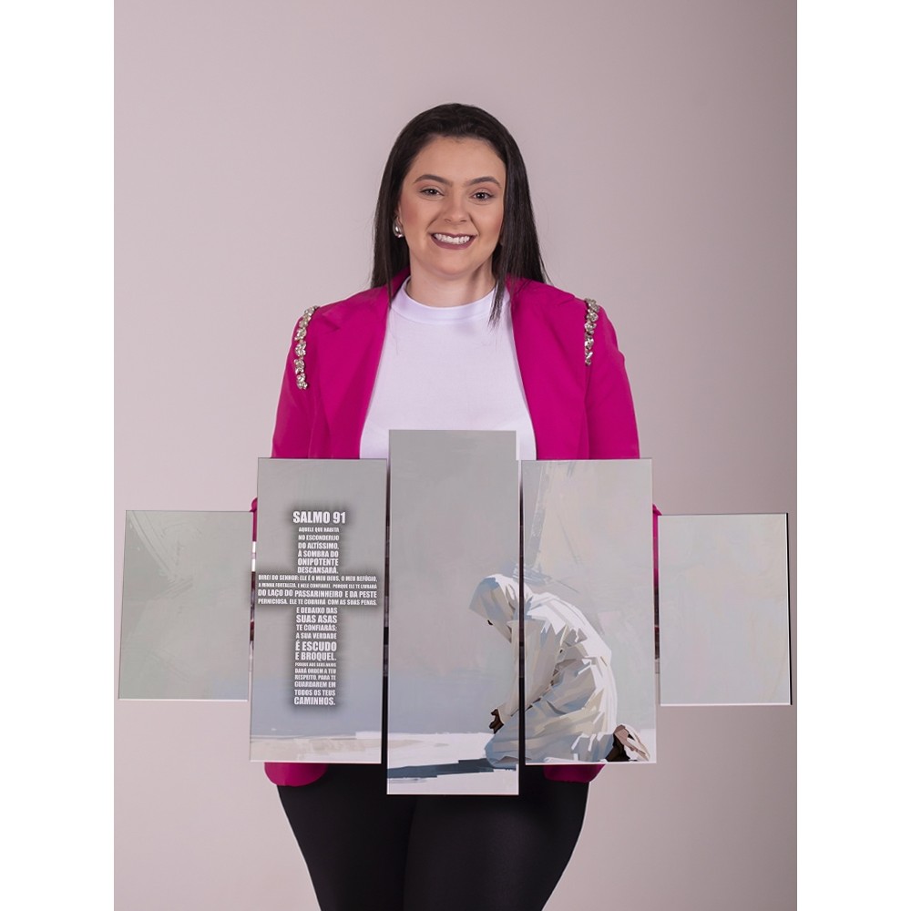 Quadro Decorativo Salmo 91 5 Peças Painel Religioso Salmo Bíblico Proteção Fé Oração Parede
