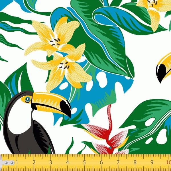 Tecido Tricoline Estampado Tucanos Floral Fundo Branco Artesanato Patchwork Animais Pano